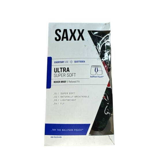 SAXX Ultra Boxer Briefs Holiday Spirits Print Ballpark Pouch Black Red XL - Picture 7 of 7